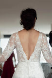 A Line Long Sleeve Lace Appliques Wedding Dress With Slit,WW205