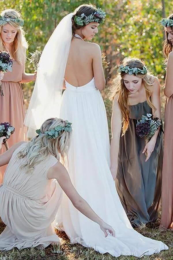A-line Halter White Chiffon Weding Dress Backless Bridal Gown,WW227