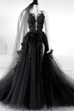 A-line Black Tulle Appliqued Wedding Dresses Backless Bridal Gowns,WW236