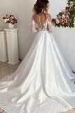 A Line Long Sleeve Ivory Satin Lace Wedding Dress,WW023