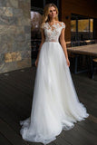 A Line Cap Sleeve Tulle  Lace Long Wedding Dress Ivory Bridal Gown,WW244
