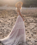 Spaghetti Straps Boho Tulle Lace Wedding Dress Boho Bridal Gown,WW247