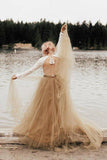 A Line Long Sleeve Tulle Wedding Dress Backless Lace Top Bridal Dress,WW203