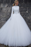 Ball Gown High Collar Long Sleeve White Tulle Wedding Dress WW310