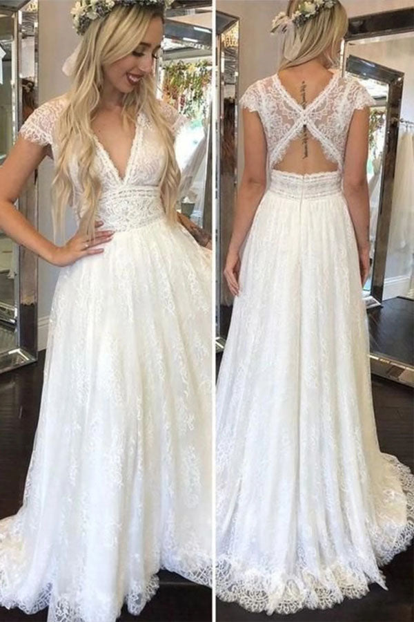 A Line V Neck Lace Wedding Dress,Cap Sleeve Beach Wedding Gown WW295