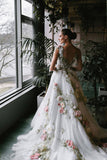 Gorgeous A-Line White Wedding Dress With Roses Floral,WW226